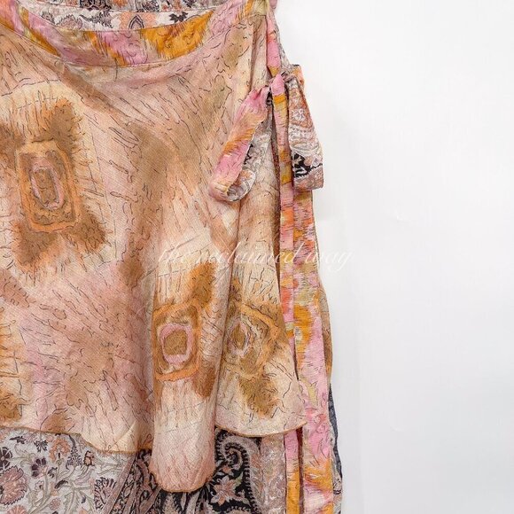 Vintage Iris Impression Silk Floral Printed Wrap Skirt Convertible Side Tie - Picture 5 of 9